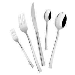 30-piece polished stainless steel cutlery set, including forks, knives, and spoons, suitable for everyday use.