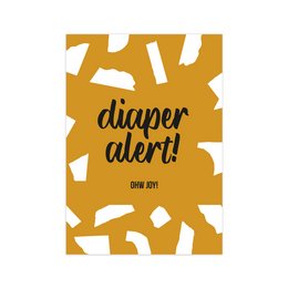 Diaper alert card, pack of 10, for kids' room accessories. Features a bold, yellow and white design with the text "diaper alert!" printed in a stylish font.