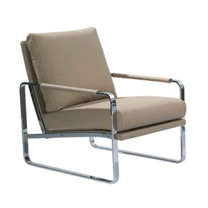 Armchair upholstered in leatherette and chrome steel legs