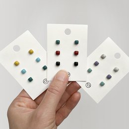 Set of 3 stud earrings with recycled glass and stainless steel in 20 different colors including black, white, gray, green, red, pink, lavender, mint, yellow, blue, and more. Suitable for casual and formal wear.