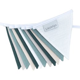  A green and white striped garland made of fabric, suitable for decorating a child's room or party.