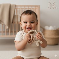 Soft & Hard | Bunny & Leaf RATTLE Wood & Silicone Teether | Sand & Khaki