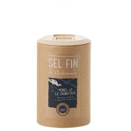 A white salt shaker with a wooden lid, containing fine Guérande salt. The packaging features the "Sel Fin" brand name and a label indicating the salt is from Guérande, France.