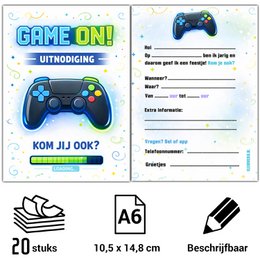  Gaming-themed invitation cards, 10.5 x 14.8 cm in size, featuring a colorful game controller design and space for event details.