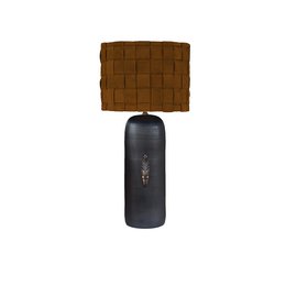 Basket-weave leather table lamp with a dark base and a textured, woven shade.