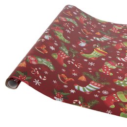  The product is a roll of gift wrapping paper with a festive holiday pattern. The paper features a red background with various Christmas-themed elements such as stockings, ornaments, snowflakes, and other seasonal decorations. The description would be suitable for a semantic search related to holiday or Christmas-themed gift wrap.