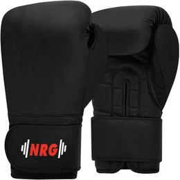 Black faux leather boxing gloves with NRG logo, suitable for sparring and fitness training.
