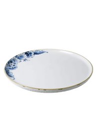 A round, white ceramic serving dish with a blue floral pattern around the edge. The dish appears to be suitable for serving food or displaying decorative items.