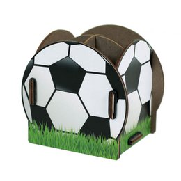  A black and white soccer ball-shaped pencil box with a grassy background.
