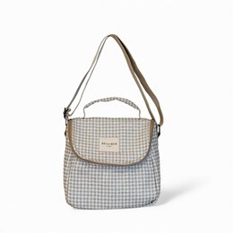  A grey and white checkered cooler bag with a zipper closure and adjustable strap. The bag appears to be made of a durable, insulated material suitable for carrying food or drinks.