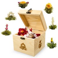 Creano ErblühTea wooden decorative box, tea flower mix gift set with 6 tea roses, white tea in an elegant tea box