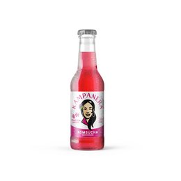 Raspberry & Hibiscus flavored kombucha in a glass bottle with a pink liquid and a label featuring a woman's portrait.
