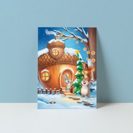  A white greeting card with the text "DENK aan jou" (Think of you) in colorful lettering, accompanied by a small illustration of a bear.