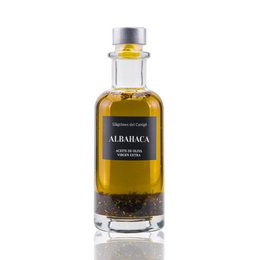 Olive oil with basil, 250ml. Olive oil infused with fresh basil leaves, providing a vibrant green color and aromatic, herbal flavor. Ideal for drizzling over salads, pasta, or bread.