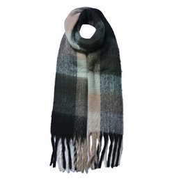 Gray and black plaid scarf, 36x210 cm, made of soft, warm material with fringe trim.