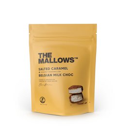 Organic marshmallows with salted caramel and Belgian milk chocolate, coated in Maldon sea salt. Soft, chewy texture with sweet and salty flavors.