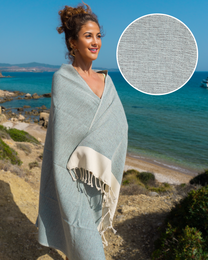 Turquoise Turkish hammam towel, made of soft, absorbent cotton with a fringed design, ideal for beach, spa, and sauna use.
