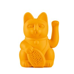  Deep yellow ceramic lucky cat statue with raised paw and decorative details.
