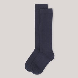 Navy blue knee-high socks for babies, available in sizes 15-18, 19-22, 23-26, and 27-30.