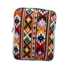 Colorful patterned backpack with geometric designs in shades of red, orange, and blue. Made of durable material with adjustable straps for comfortable carrying.
