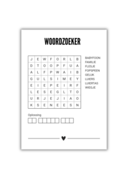 A black and white image of a word search puzzle titled "Woordzoeker" (Dutch for "Word Search"). The puzzle contains various Dutch words related to babies and family members.