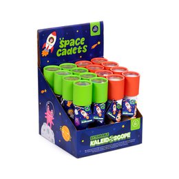 Colorful extending kaleidoscope with space theme, green and orange cylindrical design, educational toy for children.