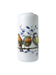 Cylinder vase with forest bird design. Ceramic vase with colorful birds and floral patterns, suitable for holding flowers or decorative purposes.