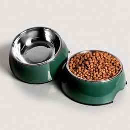  Set of 3 stainless steel pet food bowls in forest green color, available in sizes S, M, and L. Suitable for small dogs and cats.