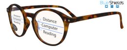 Tortoiseshell-colored round eyeglasses with +1.50, +1.00, +3.00, +2.00, and +2.50 diopter lens options. The glasses feature the text "Distance Computer Reading" and "Strength" on the frames.