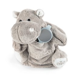 Plush gray hippo toy with large eyes and round shape, suitable for young children.