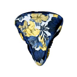 Navy blue and yellow floral pattern saddle cover for fitness equipment.