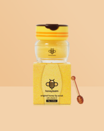  Yellow honey lip scrub, glass jar with wooden spoon applicator, golden granules, bee logo branding