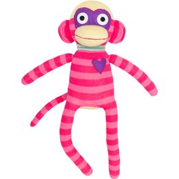 A cuddly, striped sock monkey plush toy in pink and pink colors. The toy has large eyes and ears, and appears to be a soft, huggable stuffed animal.