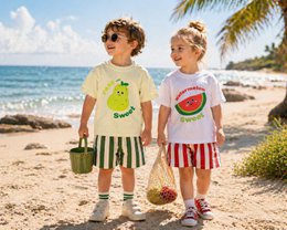  Kids summer tops with pear and watermelon fruit prints, short sleeves, colorful striped skirts, beach style.