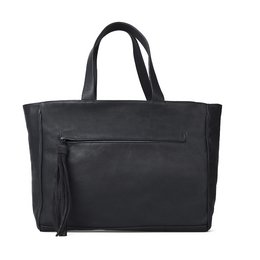 Black leather handbag with zipper pockets and adjustable straps for versatile carrying.