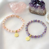 "Peace & Love" Rozenkwarts - Amethist elastische armband | 24K Lotusbloem-bedel