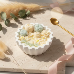  Cream white floral candle with rose and peony flowers, luxury handcrafted scented candle, decorative bowl shape.