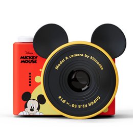  Red Mickey Mouse mini camera with black round ears, yellow accents, compact toy camera design.