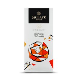 Premium dark chocolate bar with orange and cinnamon flavors, featuring a vibrant geometric design on the packaging.
