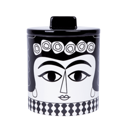 A black and white ceramic storage jar with a decorative face design, featuring a round shape, a lid, and a pattern of circles and diamonds around the face.