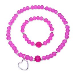 Pink and silver beaded bracelet with heart charm, featuring a vibrant pink crackle finish.