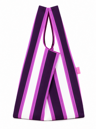 Purple and pink striped shopping bag, vertical stripes, triangular shape, fabric tote with handles.