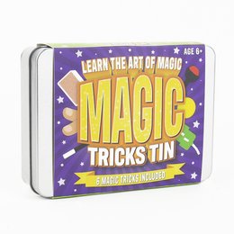 A tin containing various magic tricks and accessories for kids to learn the art of magic. The tin is purple and yellow in color, with the text "Learn the Art of Magic" prominently displayed.