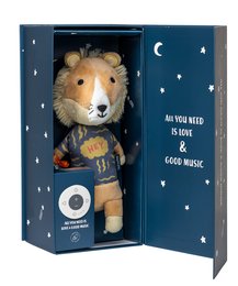 Plush lion music box with night sky-themed packaging, featuring a soft, cuddly lion figure that plays soothing music. Suitable for babies and young children.