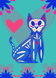 "Skeleton dog postcard with colorful, whimsical design featuring a blue cat-like creature with a skull face and heart-shaped eyes, surrounded by pink and blue floral elements."