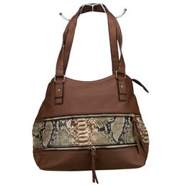  A fashionable dark brown handbag with a snake-print panel and leather accents. The handbag features a roomy interior, adjustable straps, and a stylish design suitable for everyday use.