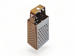 A small gold-colored metal grater with a perforated surface and a wooden handle.
