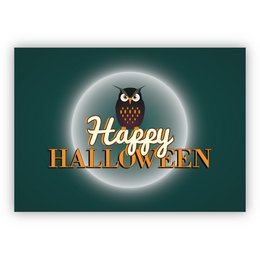 Spooky Halloween card with an owl silhouette against a full moon. The text "Happy Halloween" is displayed in an orange, Halloween-themed font.