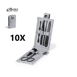 10 X SET 6 MANICURE ACESSORIES WITH BAG. BLACK FINISH: SCISSORS, TWEEZERS, NAIL CLIPPERS, FILE AND 2 CUTICLE REMOVERS.