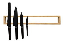 Large wall-mounted kitchen rack with 4 black knives of varying sizes. Sturdy wooden frame provides ample storage space for kitchen tools and accessories.